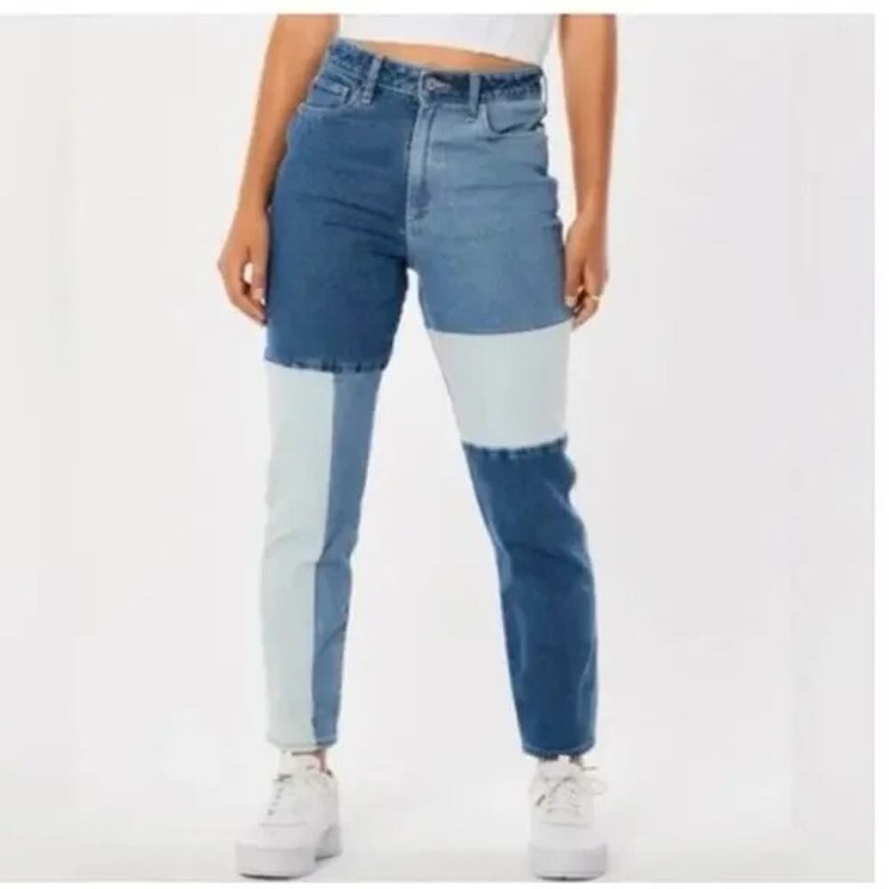 Hollister Size Ultra‎ High Rise Mom Jean Blue Patchwork Denim Colorblock Size 3S